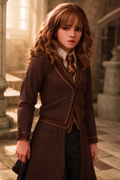 Emma Watson, Hermione Granger in Hogwarts, flyting with a witch bloom, student uniform, plissed grey skirt, upskirt, focus on eyes, expressive eyes, neckline, looking to the viewer,