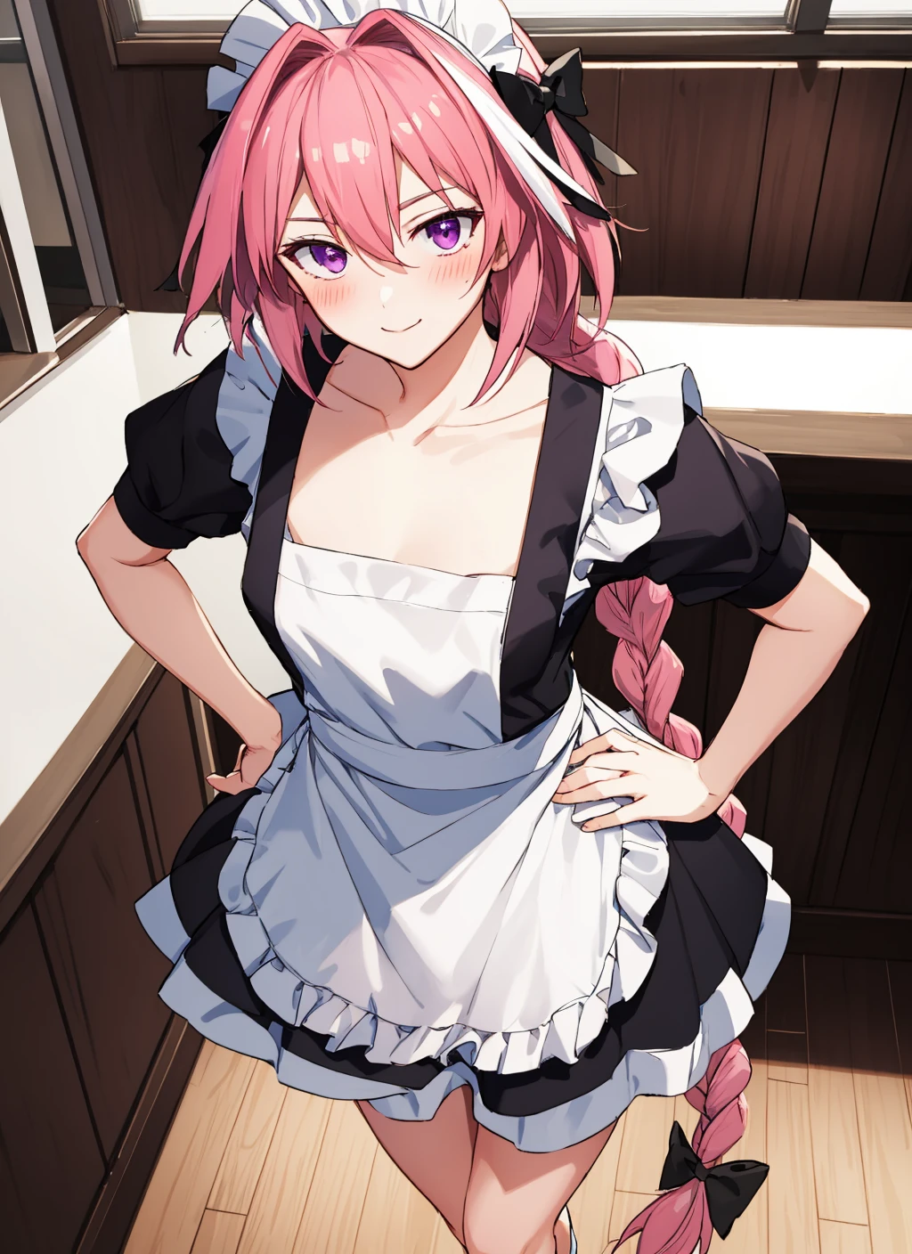 (masterpiece:1.2), ultra-detailed, illustration, absurdres, Astolfo, long braid, looking at viewer, purple eyes, hair between eyes, striped, collarbone, hair bow, 1boy, black bow, male focus, otoko no ko, solo, pink hair, single braid, long hair, hair intakes, streaked hair, hair ribbon, <lora:Astolfo-05:0.65>, from above, smile, blush, thick thighs, solo, indoors, cafe, maid headdress, maid apron, maid, hands on hips, detailed expression,