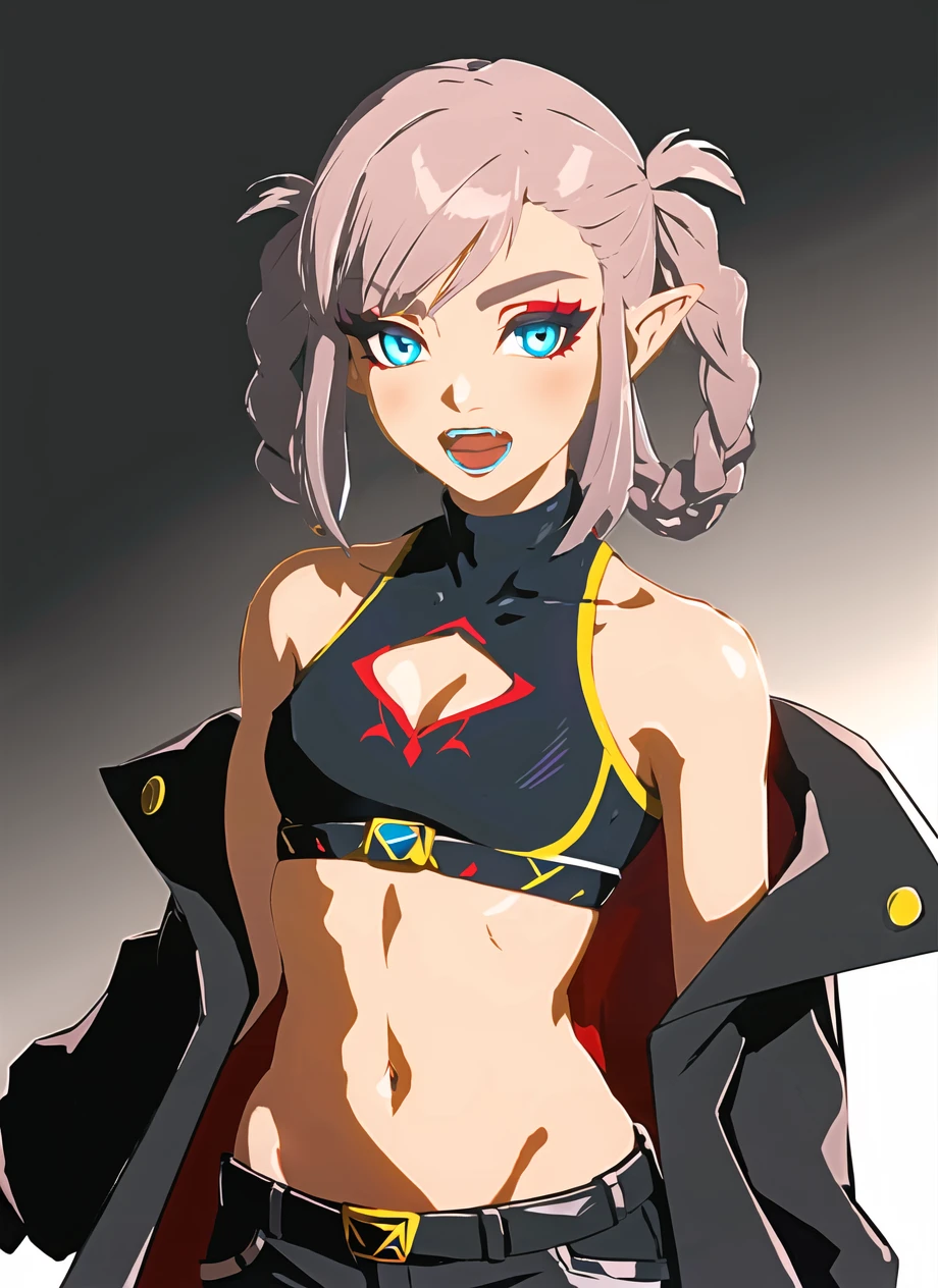 botw style, nanakusa nazuna, 1girl, bangs, black background, black jacket, black shirt, black shorts, blue eyes, blunt bangs, breasts, cleavage cutout, clothing cutout, crop top, eyeshadow, fangs, gradient hair, grey hair, hair rings, jacket, light purple hair, looking at viewer, makeup, multicolored hair, navel, open mouth, red eyeshadow, shirt, shorts, sleeveless, sleeveless turtleneck, sleeveless turtleneck crop top, small breasts, solo, stomach, turtleneck, turtleneck crop top, two-tone hair, vampire <lora:nanakusa_nazuna_offset:0.7><lora:botw_style_offset:1>