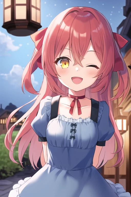 1girl, ;d, blue dress,lurry background, choker, cloud, collarbone, dekalco, depth of field,hair between eyes, long hair, looking at viewer, one eye closed, open mouth, outdoors, puffy short sleeves, puffy sleeves, red bag, ribbon-trimmed choker, short sleeves, sky, smile, soft serve, solo, upper body, yellow eyes, red hair,night, arms behind back, lantern, <lora:kitaIkuyoBocchiTheRock_v10a:0.7>
