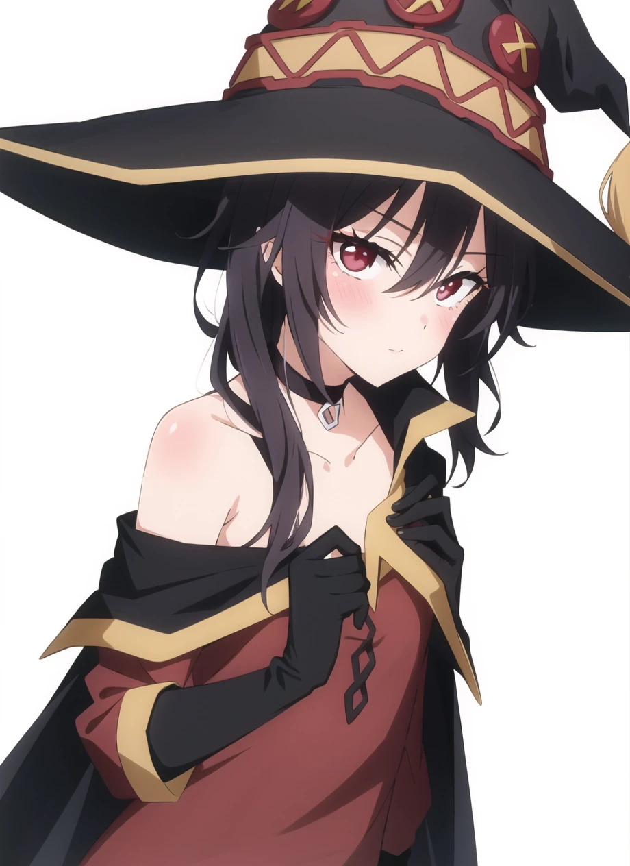 bisquedoll anime style,megumin, 1girl, bare shoulders, black cape, black gloves, black hair, blush, cape, choker, collarbone, dress, hair between eyes, hat, long sleeves, looking at viewer, medium hair, off-shoulder dress, off shoulder, red dress, red eyes, sidelocks, solo, witch hat, ((masterpiece)) <lora:bisquedoll_anime_style_offset:1>
