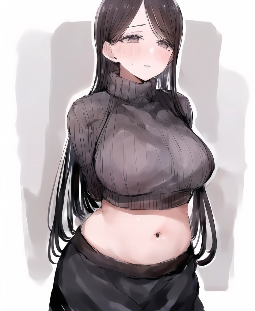 absurdres, absurd resolution, highres, high resolution, best quality, masterpiece, art by c-cu, 1girl, solo, long hair, breasts, navel, sweater, large breasts, mole, black hair, blush, midriff, arms behind back, ribbed sweater