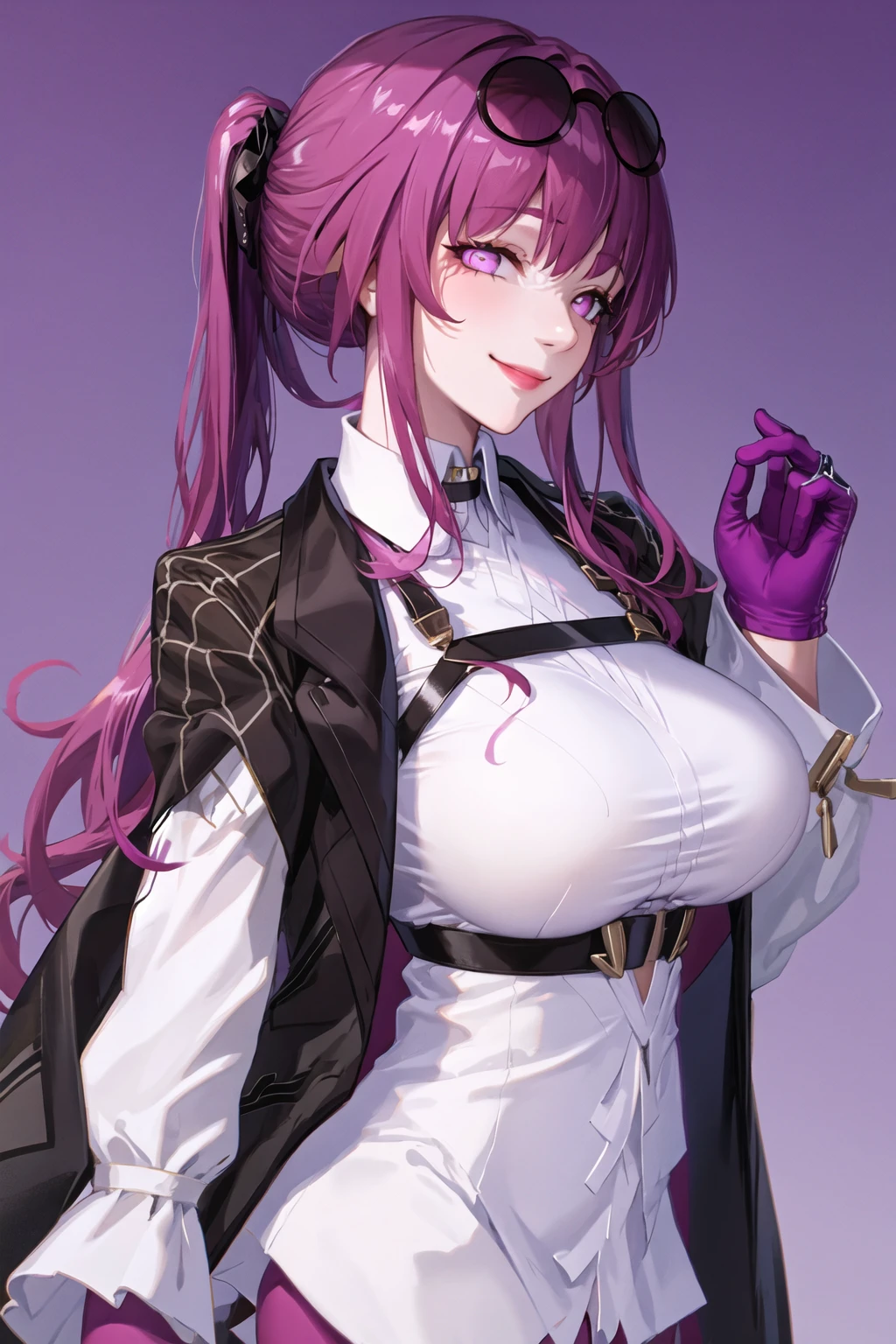 1girl, bangs, closed mouth, eyewear on head, gloves, jacket, large breasts, long hair, long sleeves, looking at viewer, pink eyes, ponytail, purple background, purple eyes, purple hair, shirt, smile, solo, star-kafka, sunglasses, tinted eyewear, upper body, white shirt