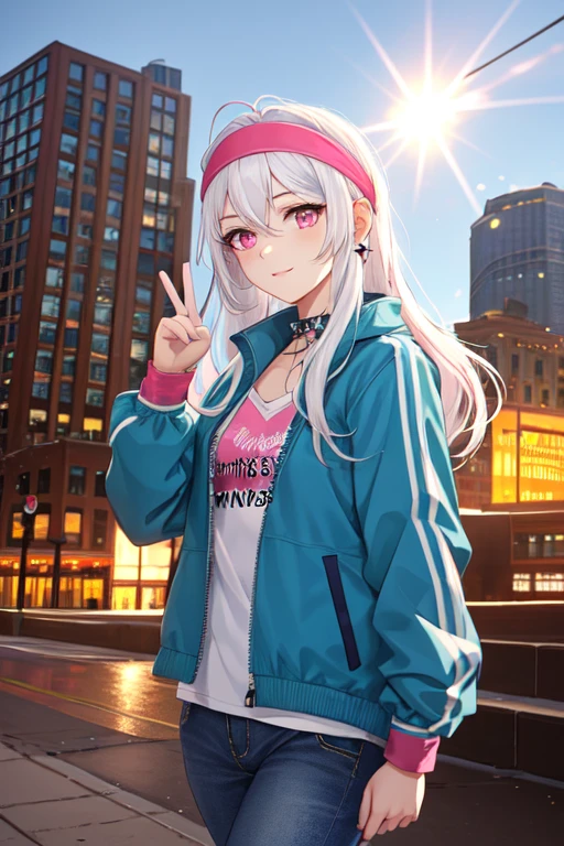 (masterpiece, anime, kawaii,best illustration, extreme light and shadow), (1boy:.6), solo, (non binary:.8), (girl focus:.7), (mature:.9), transgender female, white hair, two tone hair, jacket, blue jacket, pink gloves, pink eyes, white hair, headband, white denim jeans, multicolored hair, blue headband, multicolored clothes, hair behind ear, long hair, green bodysuit, looking at viewer, open jacket, yellow jacket, arm up, multicolored bodysuit, goth eye liner, wristband, emo punk style, (punk:1.5), jewelry,(dynamic angle), (two fingers showing a peace sign, hand up), depth of field, tattoos, (downtown minneapolis:2),, (best sunlight:.8), (lens flare:.9), wind swept hair, (sidelighting), (volumetric lighting),