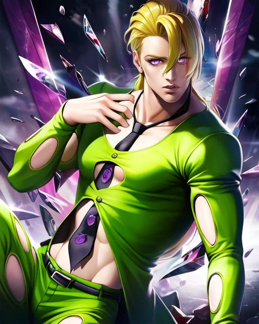 realistic:0.43, 1boy, fugojojo, green clothing, clothing cutout, purple eyes, BREAK (blonde hair), looking at viewer, halfbody, navel, necktie, dramatic, abstract, shattered glass, light refraction, mirror, hq, hi res, amazing artwork, official art:0.8, pixiv, falling, purple haze (stand), <lora:Sakimichan_LORAv1:0.65> <lora:fugojojo-000006:0.9>