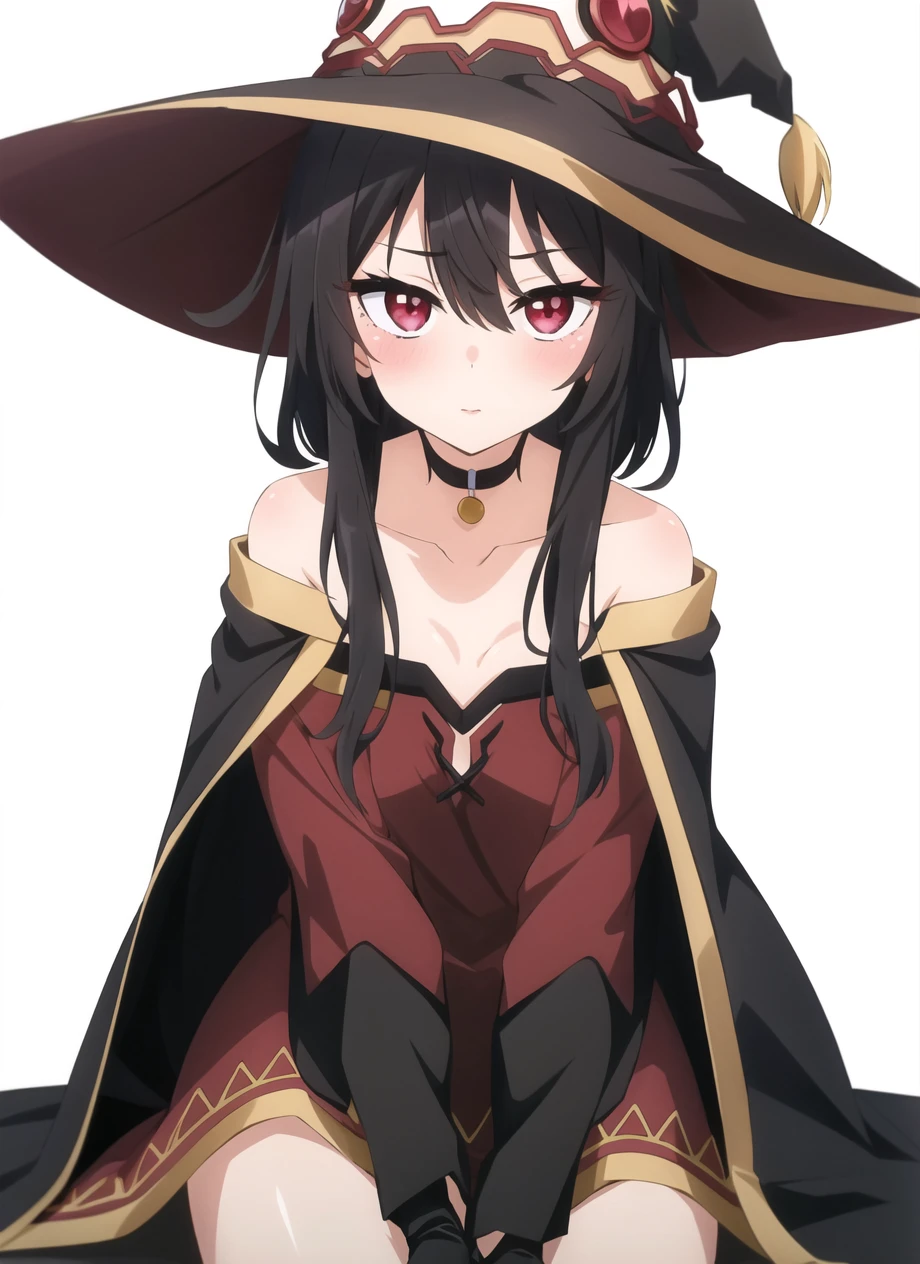 bisquedoll anime style,megumin, 1girl, bare shoulders, black cape, black gloves, black hair, blush, cape, choker, collarbone, dress, hair between eyes, hat, long sleeves, looking at viewer, medium hair, off-shoulder dress, off shoulder, red dress, red eyes, sidelocks, solo, witch hat, ((masterpiece)) <lora:bisquedoll_anime_style_offset:1>