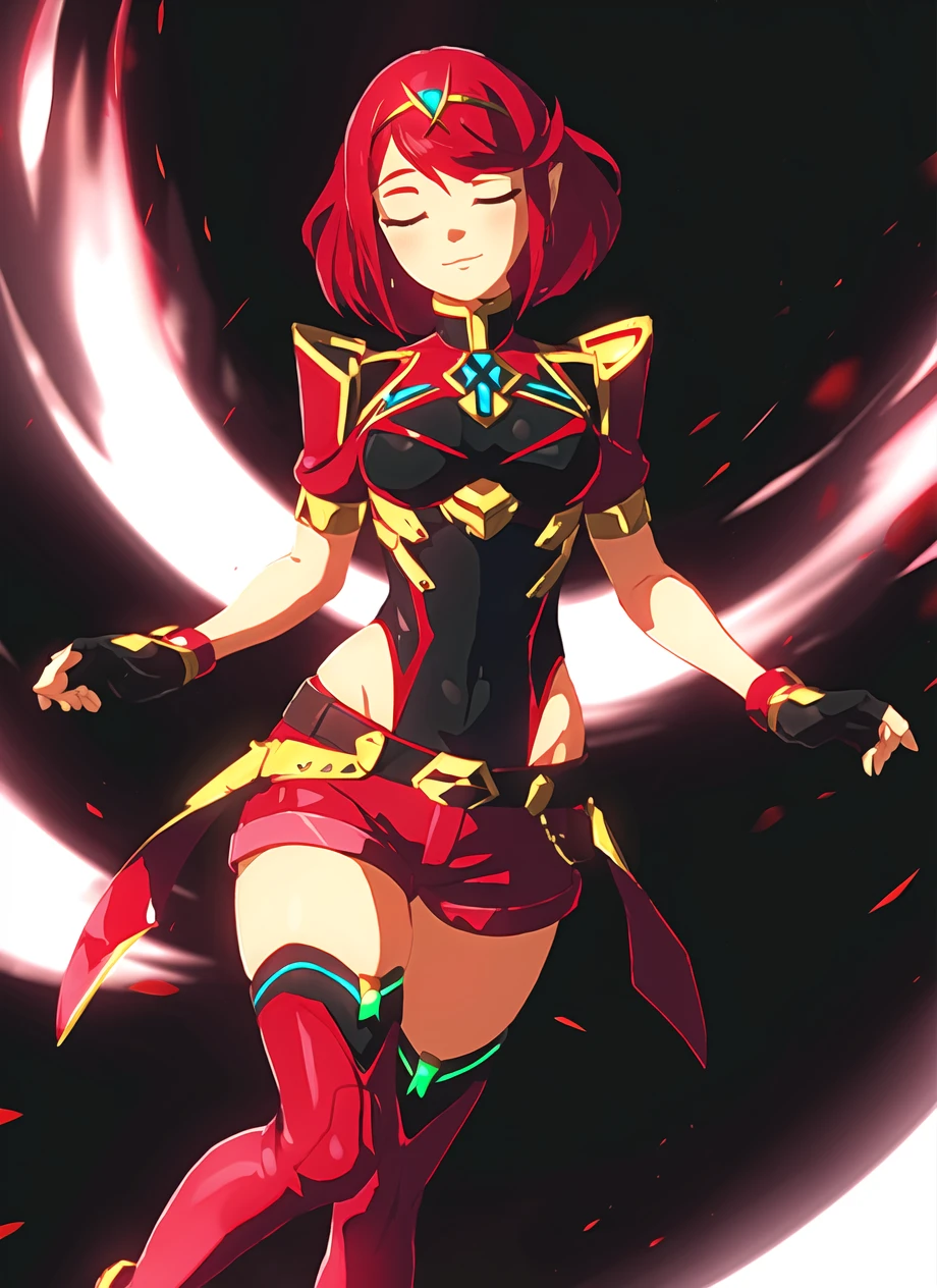 botw style, pyra \(xenoblade\), 1girl, armor, black gloves, breasts, closed eyes, closed mouth, earrings, eyelashes, fingerless gloves, floating hair, framed breasts, gem, gloves, hair ornament, headpiece, jewelry, large breasts, leaning back, leotard, neon trim, pose, red hair, red shorts, short hair, short shorts, short sleeves, shorts, sidelocks, skin tight, solo, standing, swept bangs, thighhighs, tiara, black background, turtleneck, underbust, vambraces, ((masterpiece))<lora:mythra_pyra_pneuma:0.5><lora:botw_style_offset:1>