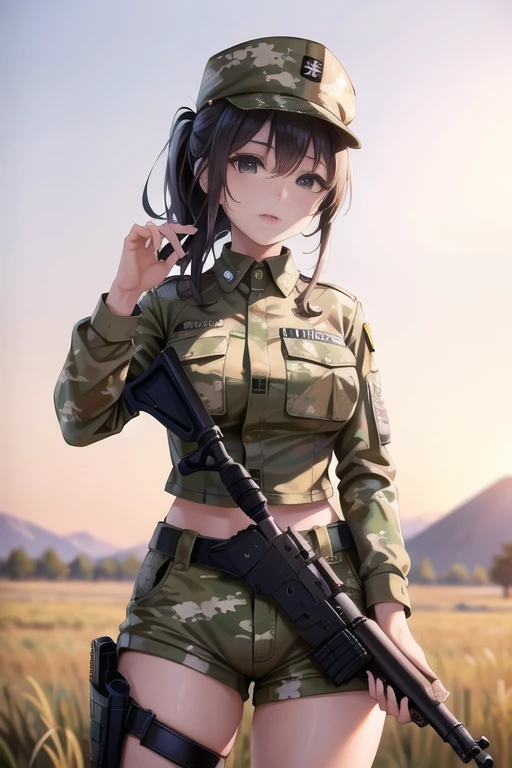 a woman, (wearing camouflage_uniform:1.3), wearing cap, (holding a rifle:1.5), 
good hand,4k, high-res, masterpiece, best quality, head:1.3,((Hasselblad photography)), finely detailed skin, sharp focus, (cinematic lighting), soft lighting, dynamic angle, [:(detailed face:1.2):0.2], medium breasts,(((military training camp))),  <lora:camouflage_uniform04:0.5>, <lora:betterCuteAsian03:0.3>