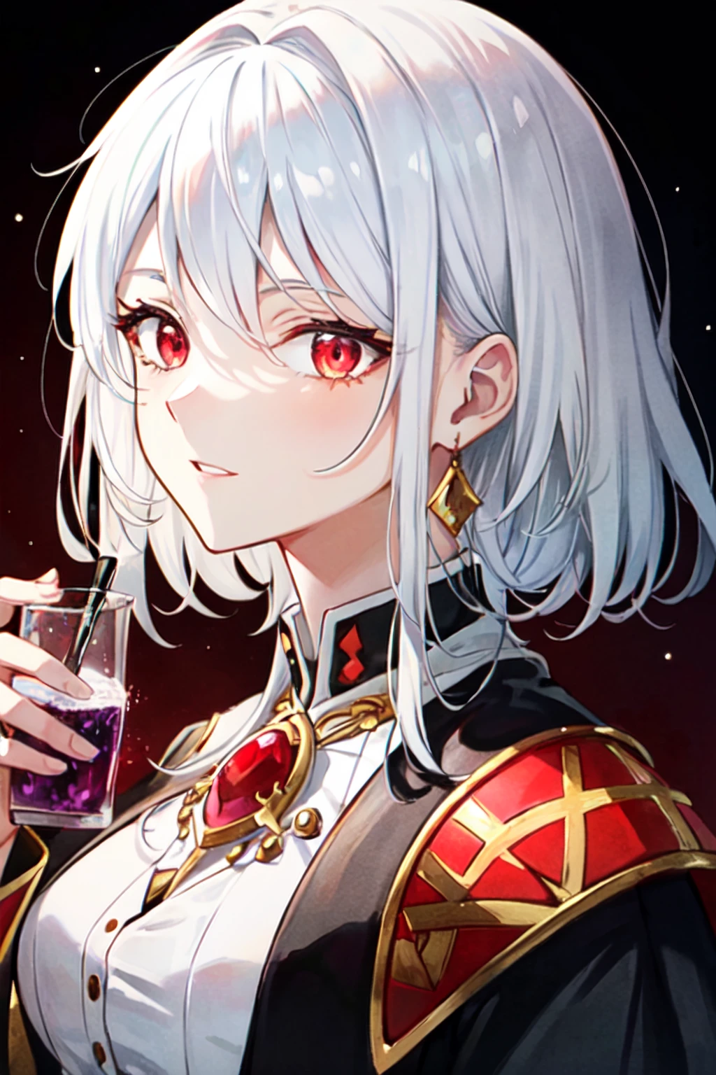 vampire, red alchemy potions, red alchemy potion, potion bottle, glowing red potion, masterpiece, best quality, ultra-detailed, illustration, ultra-detailed face, best quality face, evil, 30 years old, adult, 1girl, 30 years old, no human, white hair, alchemy outfit, intricate detailed outfit, black outfit, glowing jewellery,