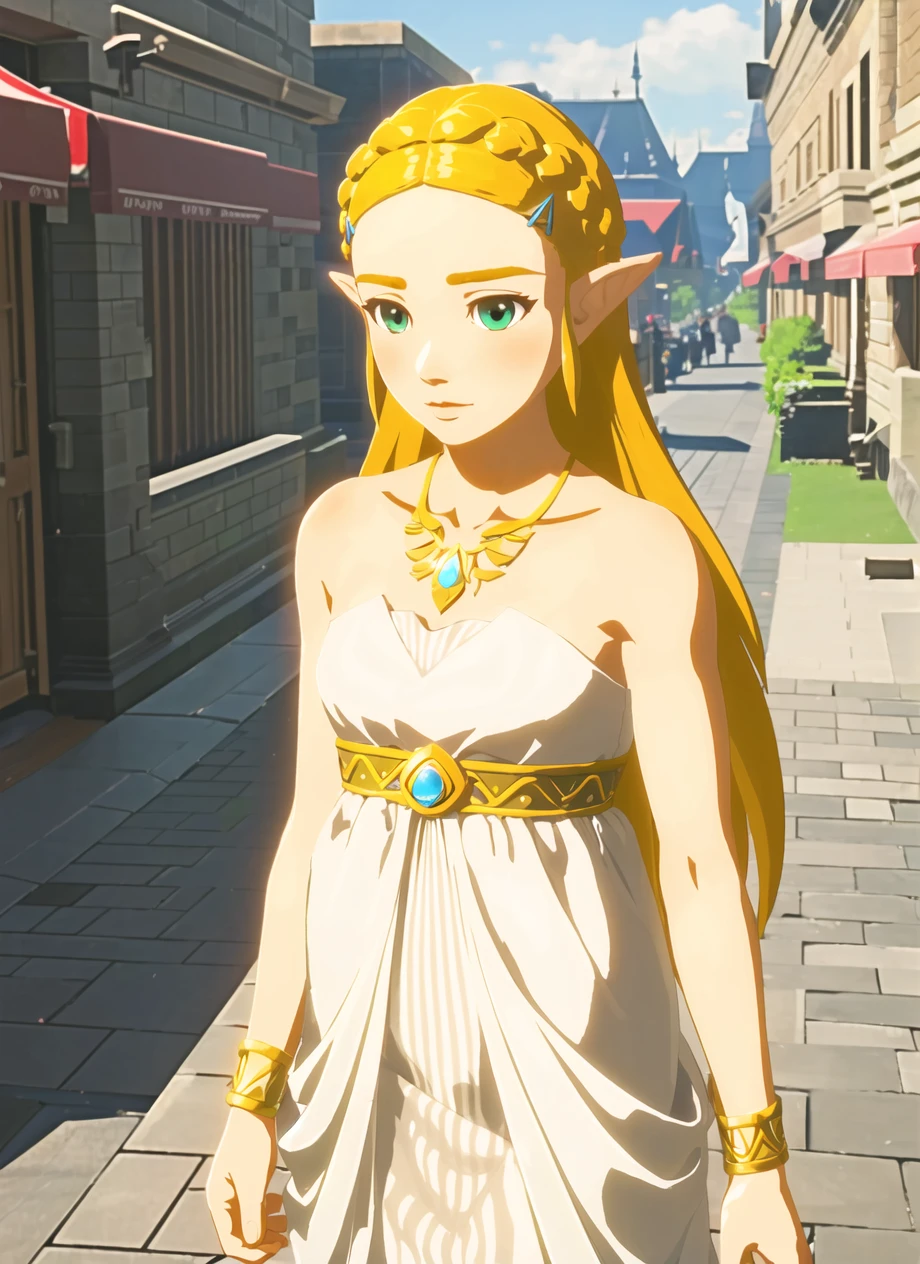 botw style, princess zelda, 1girl, bangs, blonde hair, breasts, white dress, hair ornament, bare shoulders, green eyes, jewelry, long hair, (town), outdoors, pointy ears, small breasts, solo, standing, upper body,  ((masterpiece))   <lora:botw_style_offset:1>