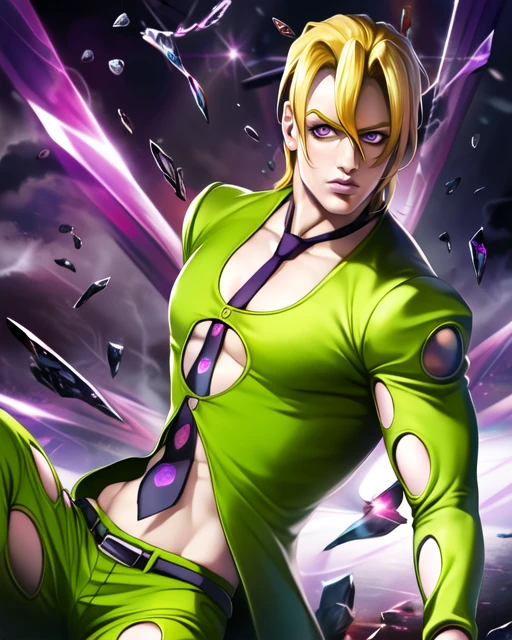 perfect face, realistic:0.43, 1boy, fugojojo, green clothing, clothing cutout, purple eyes, BREAK (blonde hair), looking at viewer, halfbody, navel, necktie, dramatic, abstract, shattered glass, light refraction, mirror, hq, hi res, amazing artwork, official art:0.8, pixiv, falling, purple haze (stand), <lora:fugojojo-000007:0.9> <lora:Sakimichan_LORAv1:0.65>