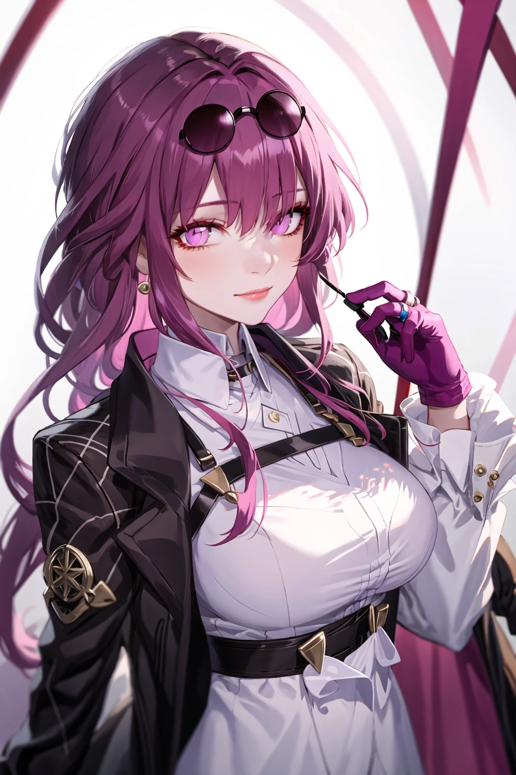 1girl, bangs, closed mouth, eyewear on head, gloves, hair between eyes, jacket, jewelry, long sleeves, looking at viewer, pink eyes, purple eyes, purple gloves, purple hair, ring, shirt, solo, star-kafka, sunglasses, upper body, white shirt,(mature female)