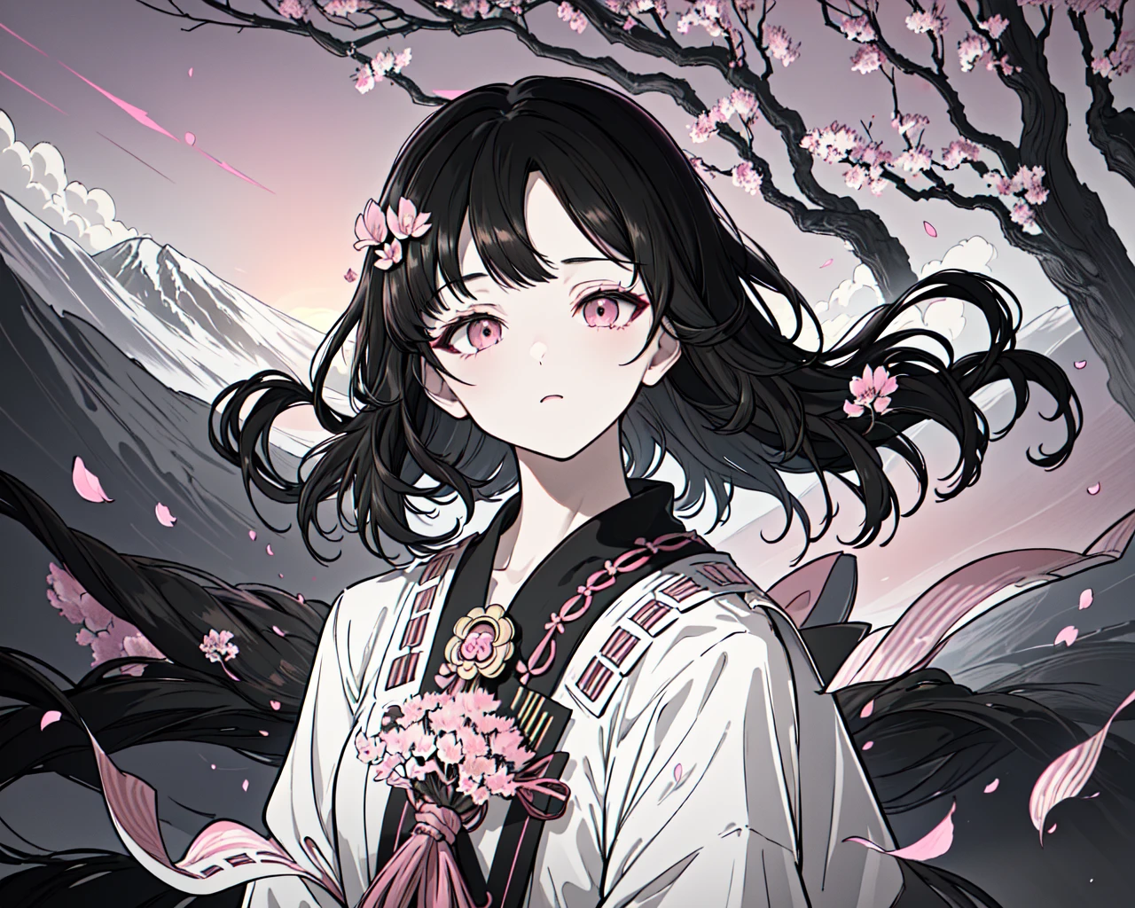 (best quality, masterpiece),(1girl, miko, coat, expression face, black eyes, looking at front ,black hair, walking, upper body), (night strray sky, huge old tree behind, falling glowing pink petals behind, shrine behind, mountain background, blowing wind, meteoric cloud)