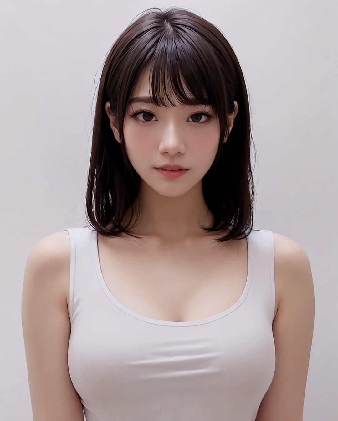 best quality, RAW, detailed, photorealistic, 8k, high res, 1girl, woman, (portrait:0.6), gorgeous, ((whitebackground:2.5)), ((white sleeveless tshirt:2, smallsize round breast:1.5)), (head straight-looking at viewer:2.2), (1girl eyes looking at viewer, short-length straighthair, blackhair, bangs:1.65), photorealistic, (bokeh), (closed mouth:1.3), gorgeous, pureerosface_v1, <lora:AVID-saika:0.47> <lora:GRAV-:0.7>