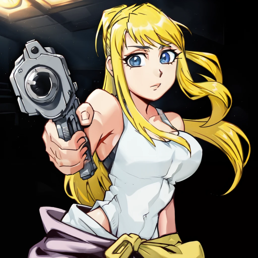 Masterpiece, best quality, <lora:pointinggun-10:.7>, gunatyou, 1girl, <lora:winryRockbell_v10:.8>, pixel-winry,