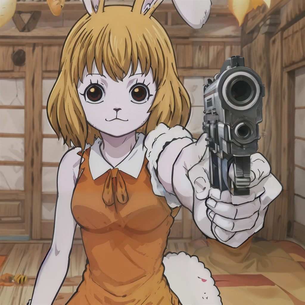 Masterpiece, best quality, <lora:pointinggun-10:.7>, gunatyou, <lora:carrotOnePieceLora_v10:1>, carrot_op, orange dress, (white skin), looking at viewer, aiming at viewer,