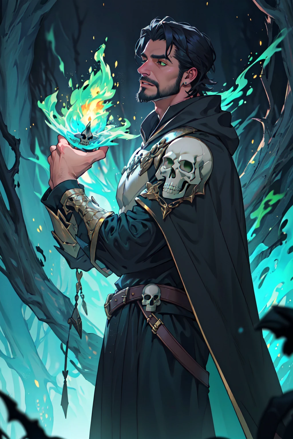 Best quality, masterpiece, ultra high res,detailed background,realistic,hadesstyle,solo,male,mature,bara,muscular,mature male,short hair,facial hair,wizard,necromancer,skull,green fire,horror \(theme\),dark fantasy,evil,cape,depth of field