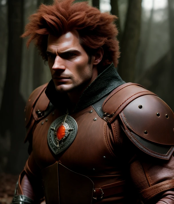 photo of henry cavill,Movie, Lion-o, thundercats, realistic, male hero, hair red lion-o, eyes feline orange,  full body 8k unity render, action shot, skin pores, very dark lighting, heavy shadows, detailed, detailed face, (vibrant, photorealistic, realistic, dramatic, dark, sharp focus, 8k), (weathered damaged old worn leather outfit:1.4), (intricate:1.4), decadent, (highly detailed:1.4), digital painting, octane render, artstation, concept art, smooth, sharp focus,(global illumination, studio light, volumetric light), heavy rain, particles floating, dim light, trim light, two-tone lighting,