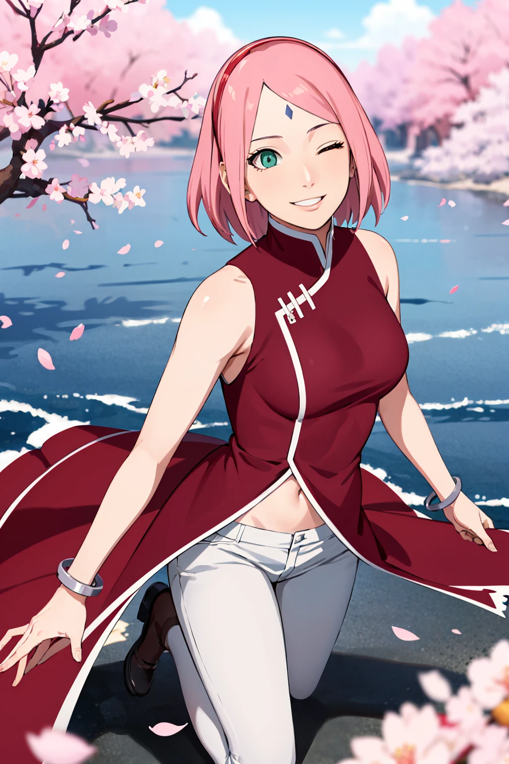 masterpiece, absurdres ,1girl, haruno sakura,forehead mark, red hairband, red sleeveless dress,  navel, groin,white pants,  bracelet, cherry blossoms, falling petals, wind, floating hair, one eye closed, looking up, smile, wariza, 