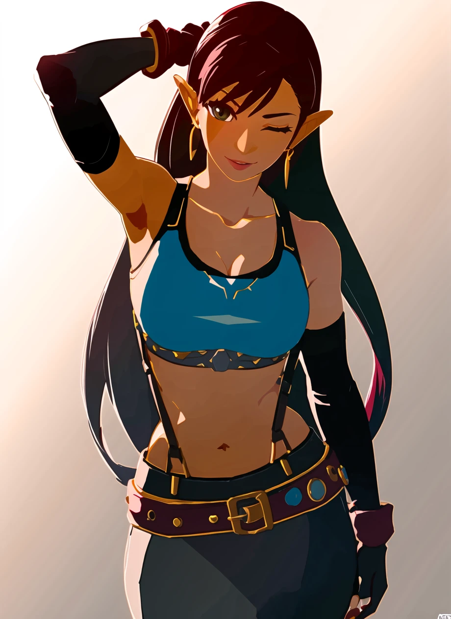 botw style, tifa lockhart, 1girl, thick lips, arm up, armpits, artist name, belt, black hair, breasts, brown eyes, cleavage, closed mouth, collarbone, cowboy shot, crop top, earrings, elbow gloves, elbow pads, gloves, gradient background, jewelry, large breasts, lips, long hair, low-tied long hair, midriff, navel, one eye closed, simple background, skirt, smile, solo, stomach, suspenders, tank top, upper body, ((masterpiece)) <lora:tifa_lockhart:0.6> <lora:botw_style_offset:1>