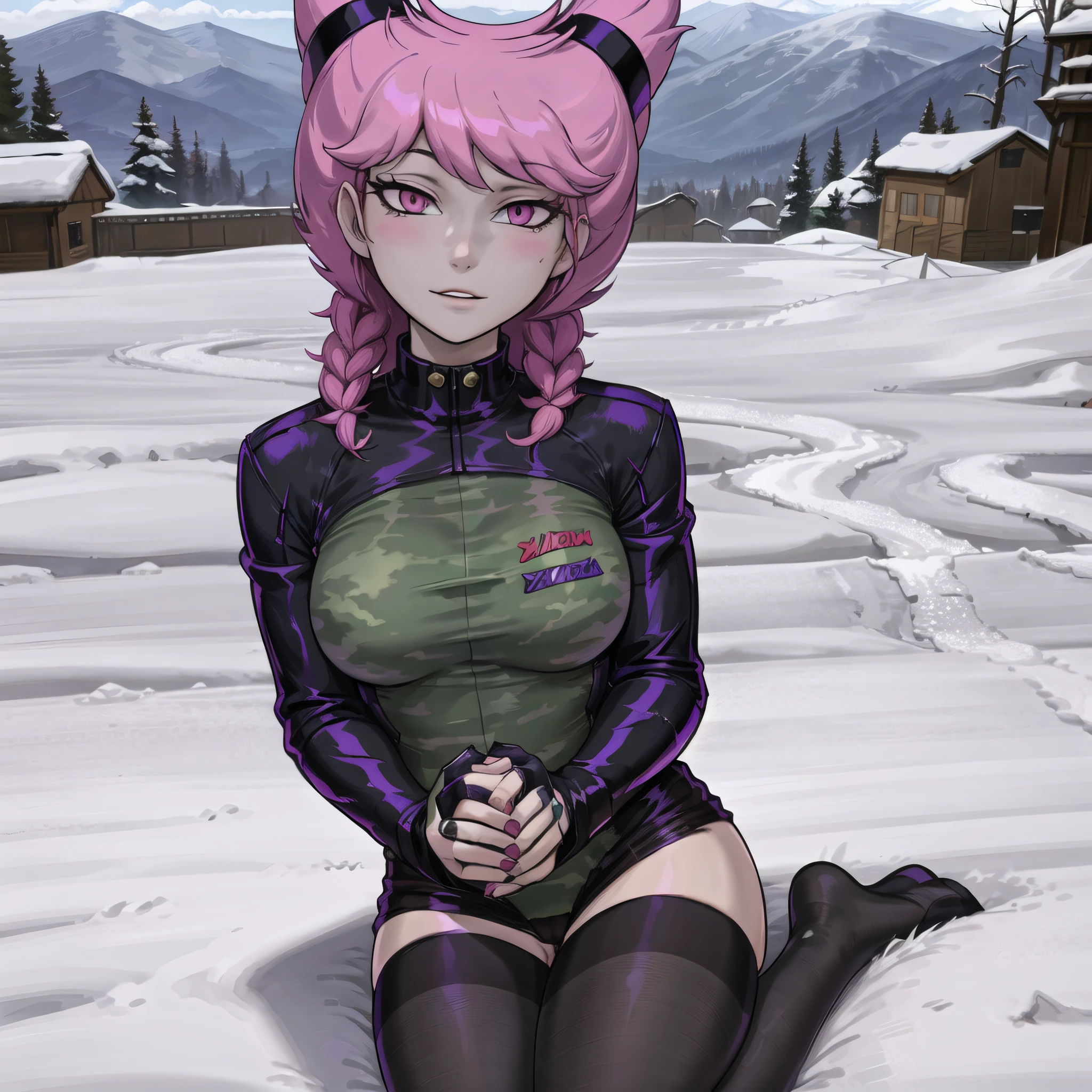 (top of snowy mountain, gorgeous view)
(full body shot), sfw, kittew,  masterpiece, detailed clothing texture, best quality, beautiful face, 1girl, Jinx posing hands, (camo fur heavy down jacket), pink snow pants
<lora:oldJinx_TT_V2:0.6>, <lora:kittewLORAFoundFile_v10:0.4>