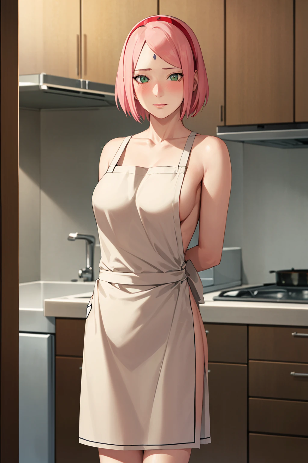 masterpiece, absurdres , (intricate details), (colorful),cinematic lighting,bust shot,extremely detailed CG unity 8k wallpaper,1girl, haruno sakura,red hairband,forehead mark,washing machine,nude, naked apron, kitchen, arms behind back, blush, looking at viewer, 