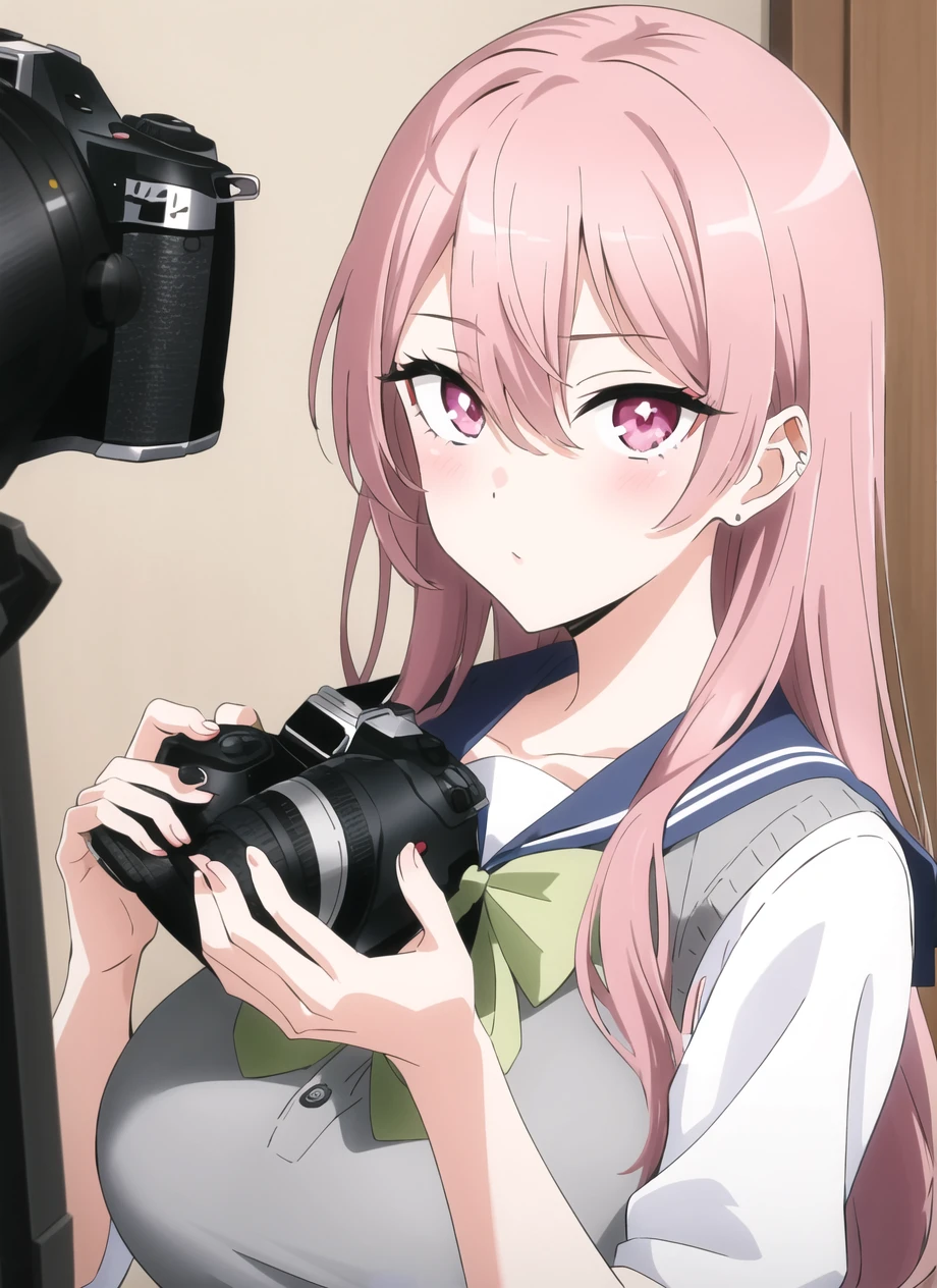 bisquedoll anime style,1girl, blue sailor collar, blush, bow, breasts, camera, green bow, grey sweater vest, hair between eyes, holding, holding camera, indoors, large breasts, long hair, looking at viewer, pink eyes, pink hair, sailor collar, school uniform, shirt, single-lens reflex camera, solo, sweater vest, white shirt, ((masterpiece))   <lora:bisquedoll_anime_style_offset:1>