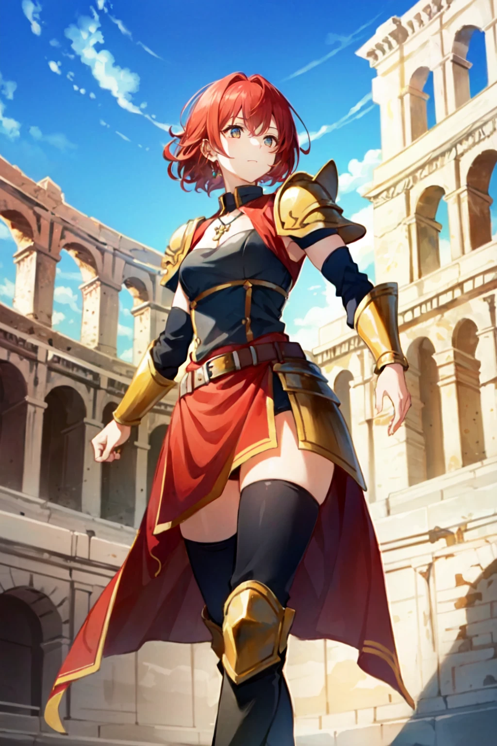 1girl, from below, red_hair, short_hair, curly_hair, amber_eyes, armor, boots, phoenix, necklace, bracers, muscular, tall, warrior, roman colosseum scenery