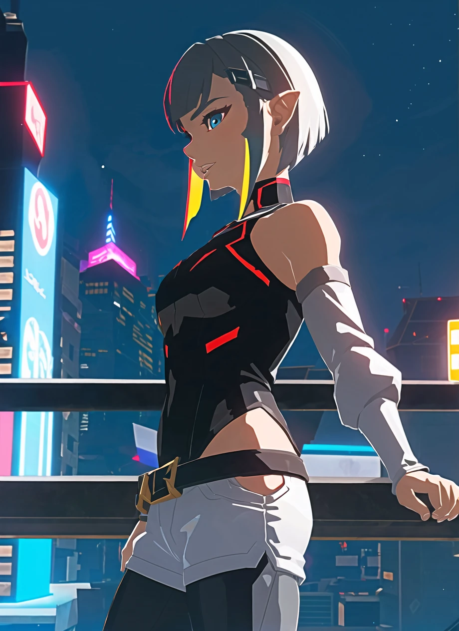 botw style, lucy \(cyberpunk\), 1girl, against railing, arm rest, bangs, bare shoulders, belt, black belt, black leotard, black pants, blurry, bob cut, breasts, building, cityscape, clothing cutout, cropped jacket, cyberpunk, depth of field, from side, gradient eyes, grey eyes, grey hair, jacket, leotard, lips, long sleeves, looking afar, looking ahead, mechanical parts, medium breasts, multicolored eyes, multicolored hair, night, night sky, off shoulder, open clothes, open jacket, outdoors, pants, parted lips, railing, red eyeliner, science fiction, short hair with long locks, short shorts, shorts, sidelocks, sky, solo, standing, teeth, thigh cutout, upper teeth only, white jacket, white shorts, cyberpunk \(series\), cyberpunk edgerunners, <lora:lucy-000035:0.5><lora:botw_style_offset:1>