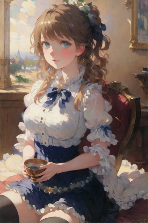 <lora:Victorian Anime Art v 2.0:1>, (masterpiece, best quality:2.0), ((hyper detailed face, hyper detailed, hyper detailed pupils, best lighting, best shadows)), 1girl, ((medium breasts, blonde hair, blue eyes, long straight hair)), girl sitting down at table, white and blue striped blouse, black skirt, holding a teacup in her hand, oranges in a bowl on table, looking away from viewer, black stockings, black shoes, (art by Monet)