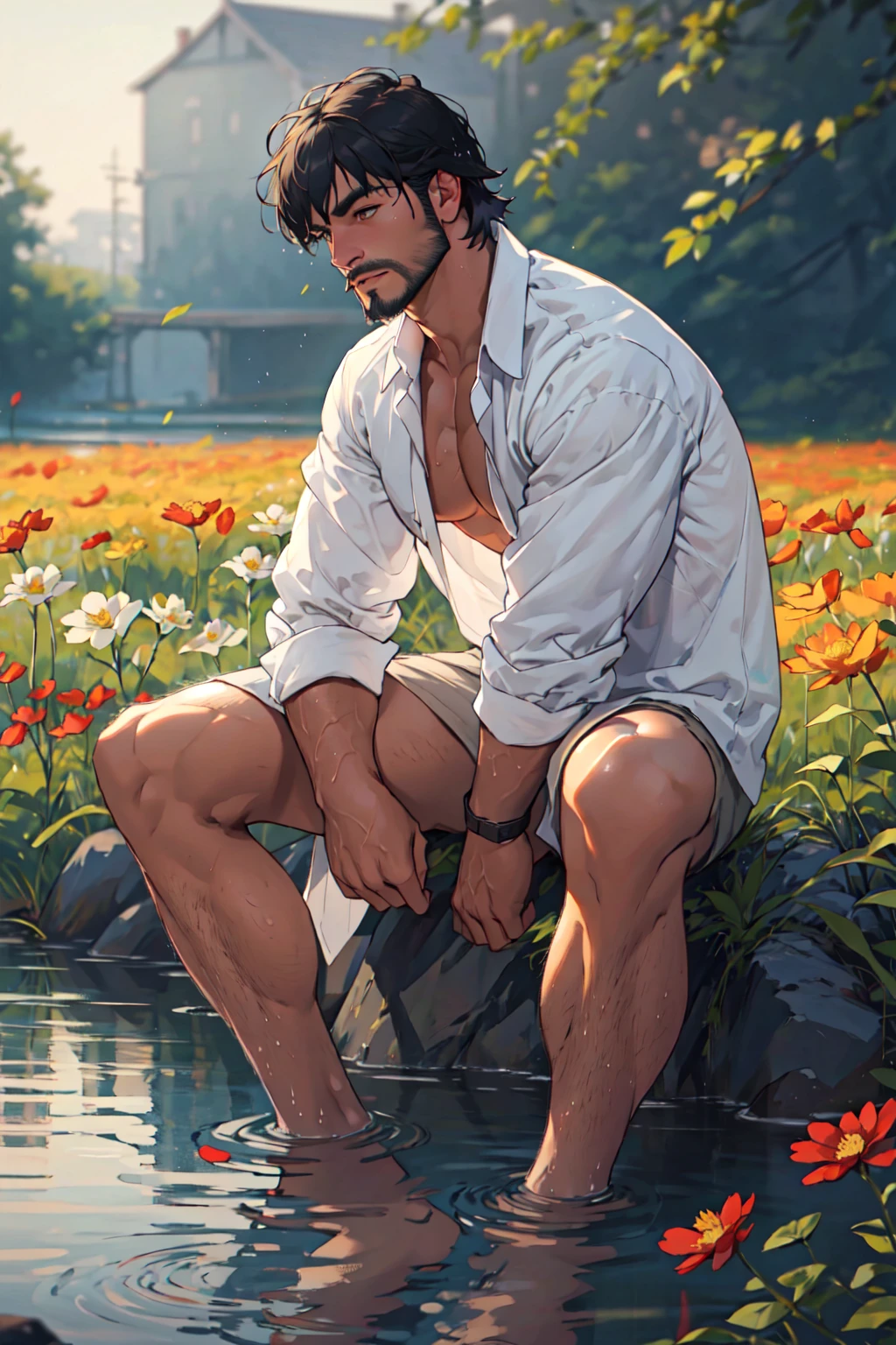 Best quality, masterpiece, expressionless,ultra high res,detailed background,realistic,1man,solo,male,muscular,mature male,short hair,facial hair,sitting,water,flower field,real shadow and light,depth of field,