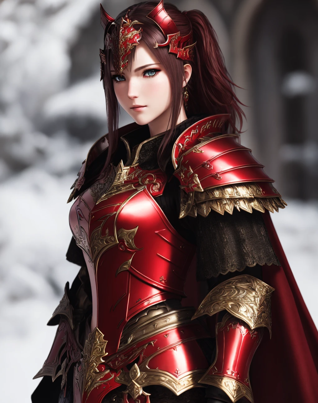 Masterpiece, absurdres, fine detail, HDR, highly detailed face and eyes, photorealistic, <lora:war_glamv1.1:0.6>, War_Glam, a woman in a red armor ,armored, wearing War_Glam