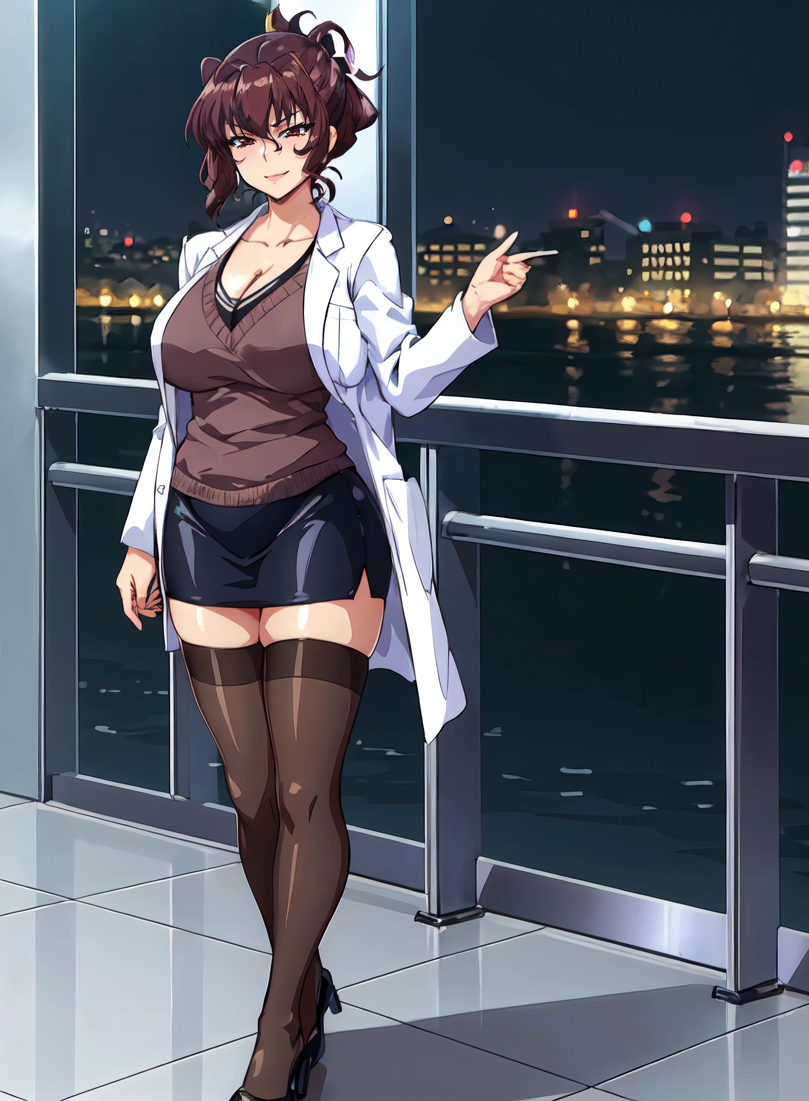 (masterpiece, best quality:1.4), (highheel:1.3), Aiko Katsuragi, (full body shot:1.05), mature female, milf, curvy, 1girl, solo, anime face, standing, sexy pose, side view, doctor, labcoat, stethoscope, pencil short skirt, (thighhighs:1.05), highheels, makeup, large breasts, lipstick, brown eyes, folded ponytail, brown hair, cleavage, perfect body, (athletic body:1.1), perfect eyes, anime eyes, smoky eyeliner, eyeshadow, perfect face, smirking, flirting, sharp focus, medical room, night sky, starts, professional artwork, intricate details, vivid colors, Diffused lighting, digital blending, ultra detailed body, ultra detail hair, ultra detail face, trending on pixiv, <lora:AikoKatsuragi-000004:0.85>