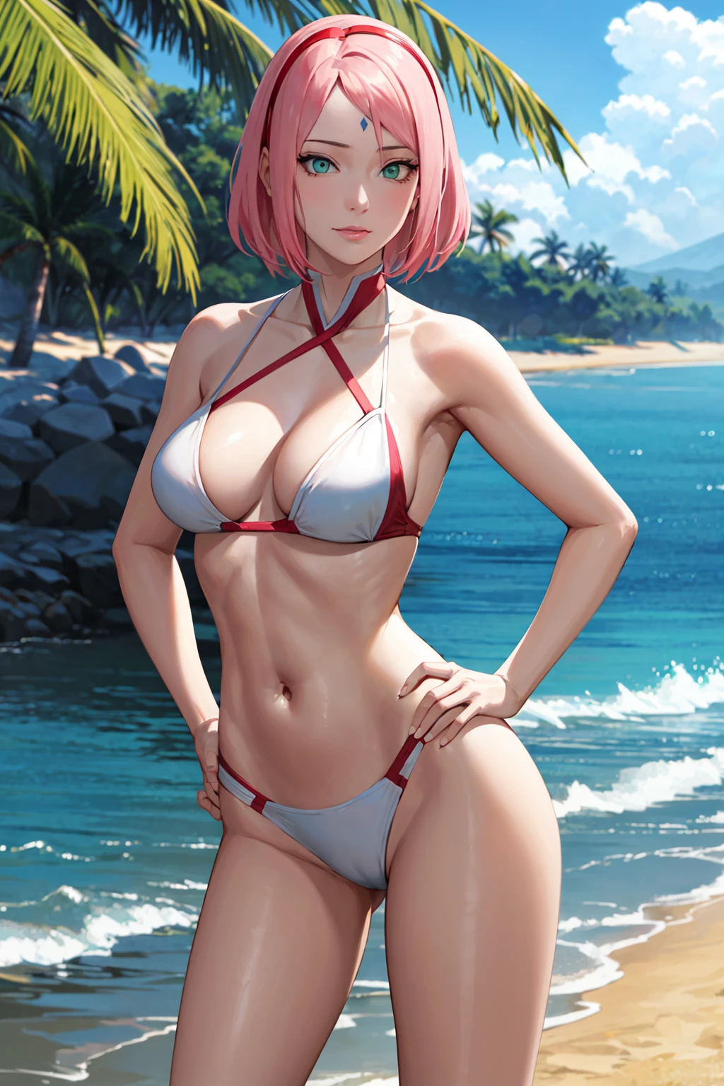 masterpiece, absurdres , (intricate details), (colorful),cinematic lighting,bust shot,extremely detailed CG unity 8k wallpaper,1girl, haruno sakura,forehead mark, red hairband,swimsuit,pose, hand on hip, cleavage, navel, looking at viewer, medium breasts, beach, sand, palm tree, ocean,
