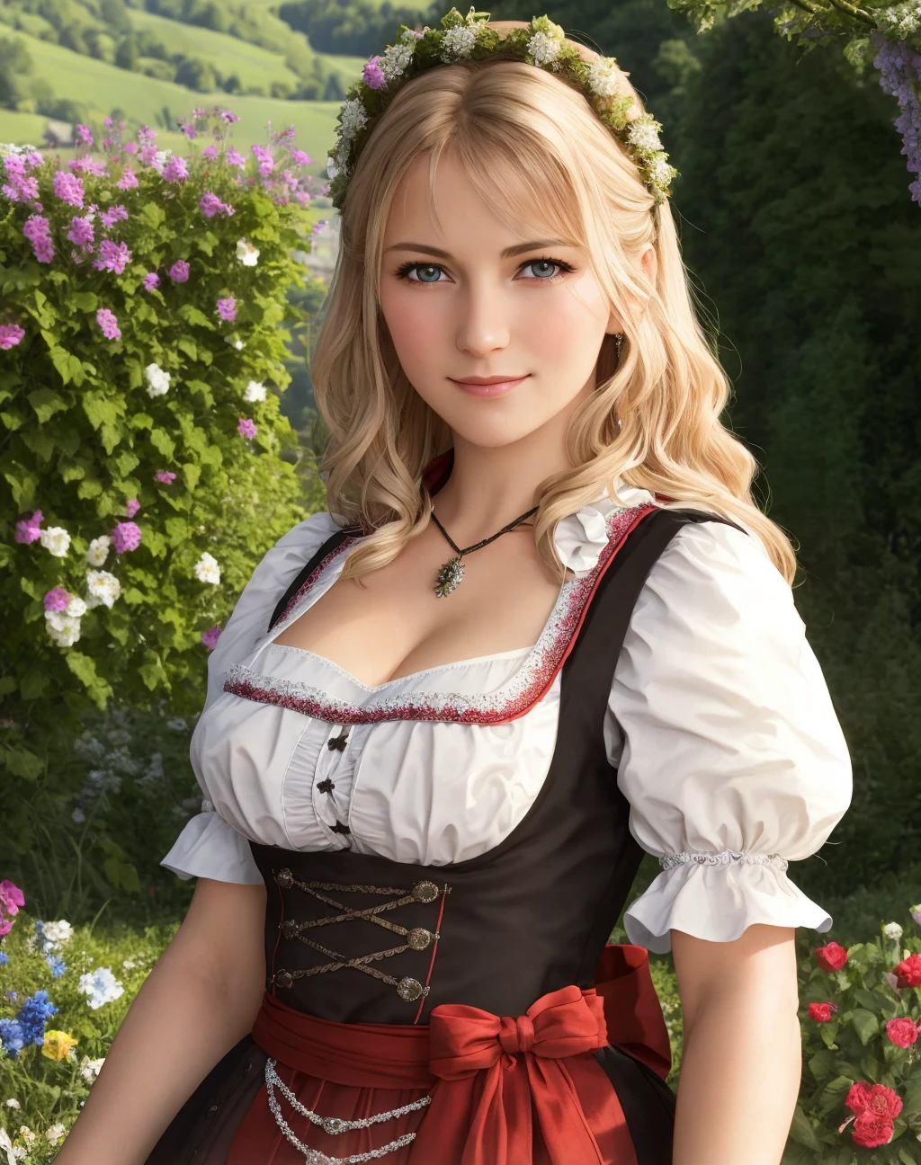Masterpiece, absurdres, fine detail, HDR, highly detailed face and eyes, photorealistic, <lora:dirndl:0.75>, dirndl, a woman in traditional bavarian dress poses for a picture , german woman, wearing a dirndl