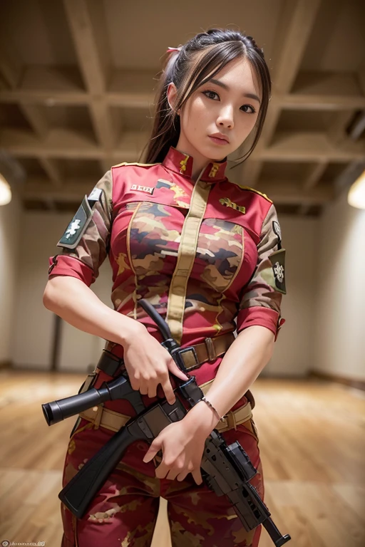 a woman, (wearing camouflage_uniform:1.3), (holding a rifle:1.5), (red uniform:1.5), 
good hand,4k, high-res, masterpiece, best quality, head:1.3,((Hasselblad photography)), finely detailed skin, sharp focus, (cinematic lighting), soft lighting, dynamic angle, [:(detailed face:1.2):0.2], medium breasts,(((military training camp))),  <lora:camouflage_uniform04:0.5>, <lora:betterCuteAsian03:0.3>