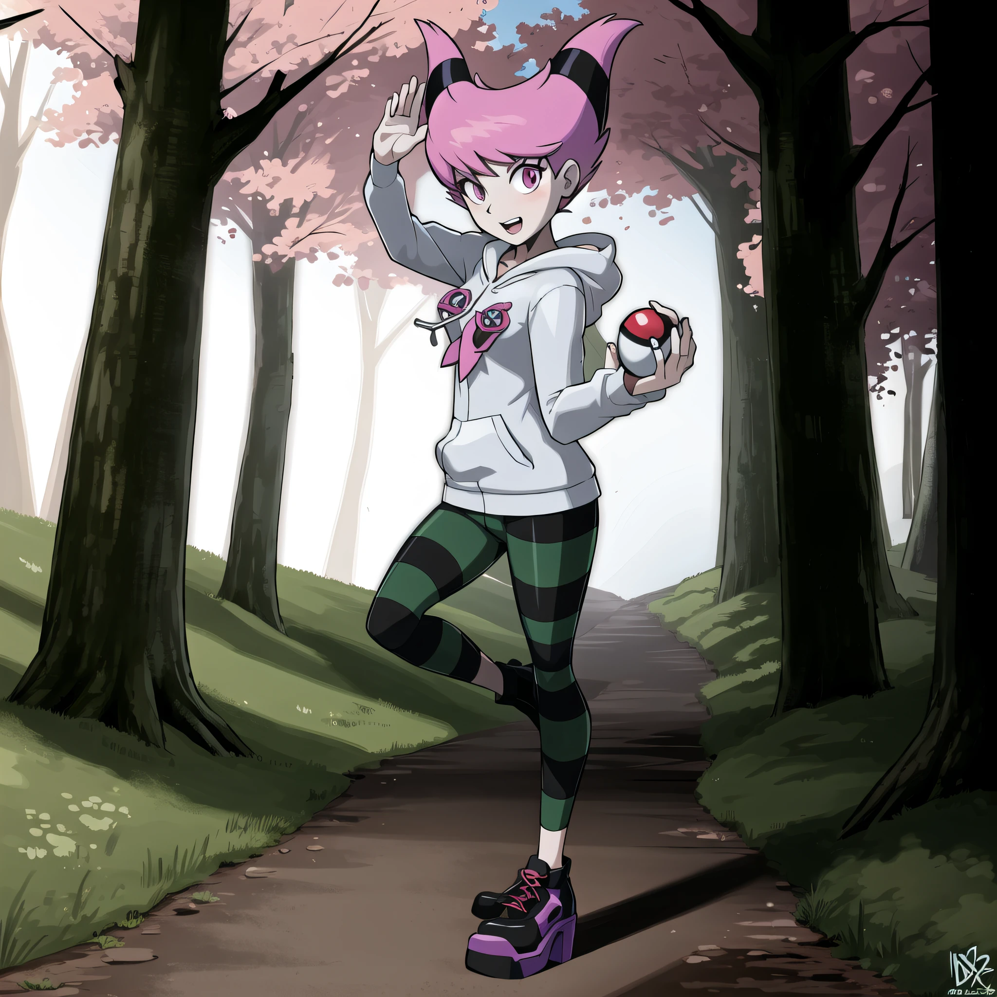 (wooded forest, gorgeous view)
(full body shot), sfw, sugimori ken style, masterpiece, detailed clothing texture, best quality, beautiful face, 1girl, Jinx throwing a pokeball, striped hoodie, green pants, white backpack, (horseshoe shaped hair:1.2)
<lora:oldJinx_TT_V2:0.6>, <lora:PokemonLoraKenSugimori_2 sugimori ken style or pokemon creature:0.6>