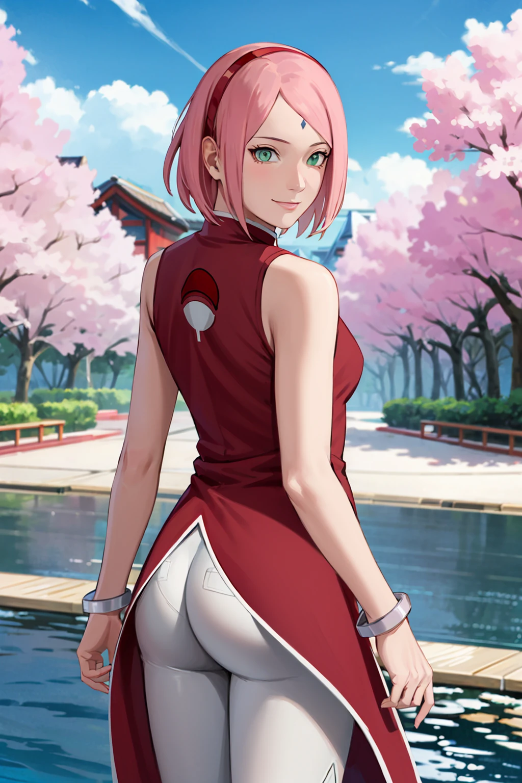 masterpiece, absurdres ,1girl, haruno sakura,forehead mark, red hairband, red sleeveless dress,bracelet,  from behind, white pants, (uchiha crest),  looking at viewer, outdoor, cherry blossoms, floating hair,   smile, cowboy shot, 