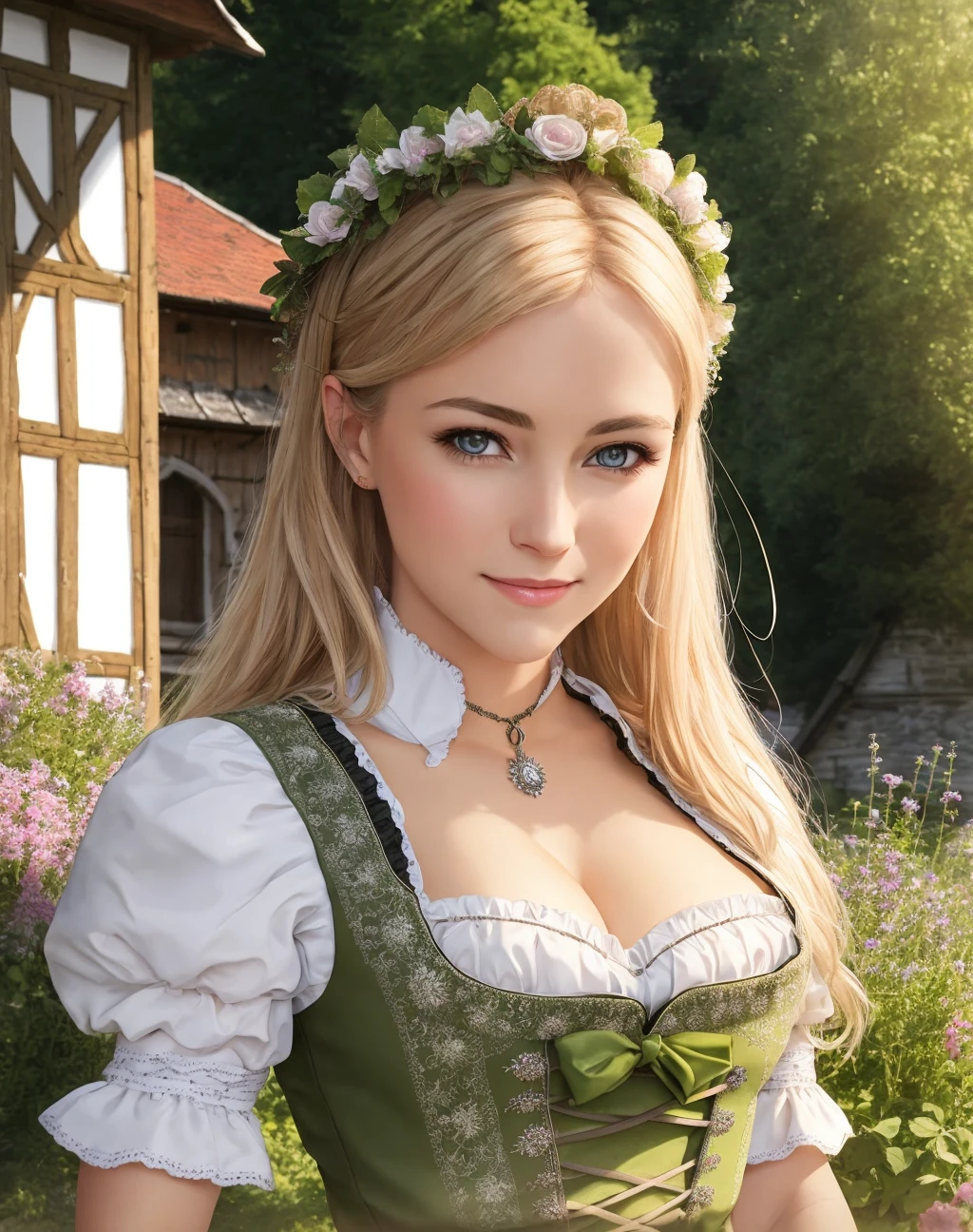 Masterpiece, absurdres, fine detail, HDR, highly detailed face and eyes, photorealistic, <lora:dirndl:0.75>, dirndl, a woman in traditional bavarian dress poses for a picture , german woman, wearing a dirndl