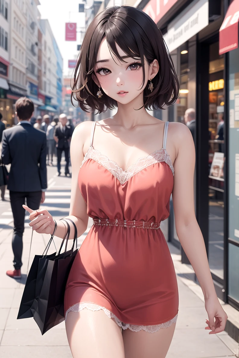 masterpiece, absurdrez, best quality, ultra detailed, intricately detailed, highly intricately detailed facial features, character focus, character enhance, sharp focus, BREAK,
a mature 20 year old woman in a retrofuturistic dress walking down the street with a shopping bag hanging on her arm, cowboy shot, pureerosface_v1,