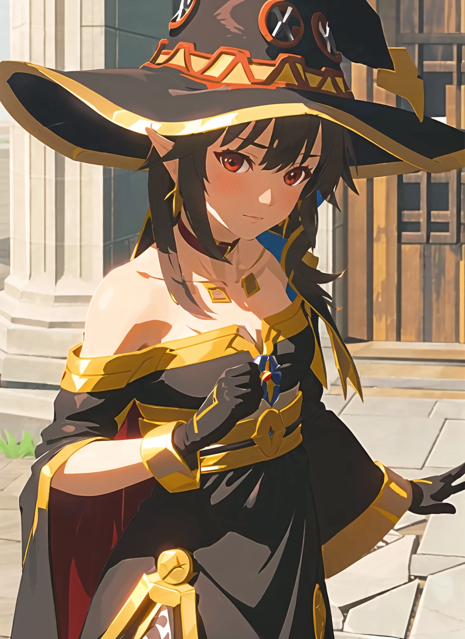 botw style,megumin, 1girl, bare shoulders, black cape, black gloves, black hair, blush, cape, choker, collarbone, dress, hair between eyes, hat, long sleeves, looking at viewer, medium hair, off-shoulder dress, off shoulder, red dress, red eyes, sidelocks, solo, witch hat, ((masterpiece)) <lora:botw_style_offset:1>