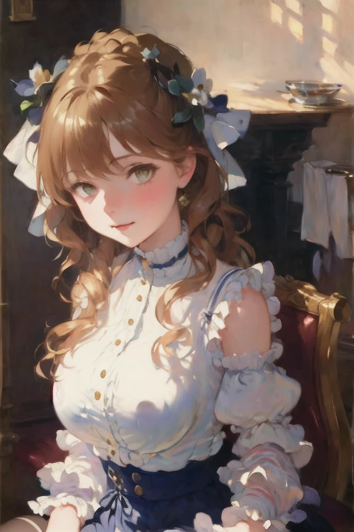 <lora:Victorian Anime Art v 2.0:1>, (masterpiece, best quality:2.0), ((hyper detailed face, hyper detailed, hyper detailed pupils, best lighting, best shadows)), 1girl, ((medium breasts, long straight hair)), girl sitting down at table, white and blue striped blouse, black skirt, drinking tea, oranges in a bowl on table, looking away from viewer, black stockings, black shoes, smiling, (art by Monet)