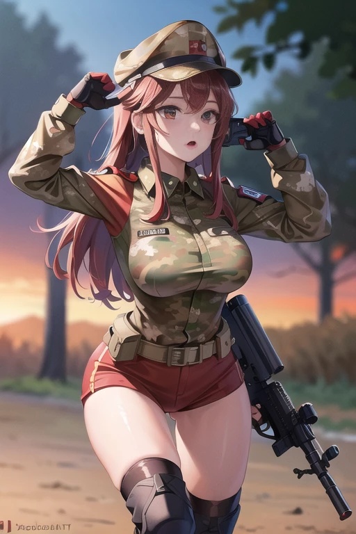 a woman, (wearing camouflage_uniform:1.3), wearing cap, (holding a rifle:1.5), (red uniform:1.5),
good hand,4k, high-res, masterpiece, best quality, head:1.3,((Hasselblad photography)), finely detailed skin, sharp focus, (cinematic lighting), soft lighting, dynamic angle, [:(detailed face:1.2):0.2], medium breasts,(((military training camp))),  <lora:camouflage_uniform04:0.5>, <lora:betterCuteAsian03:0.3>