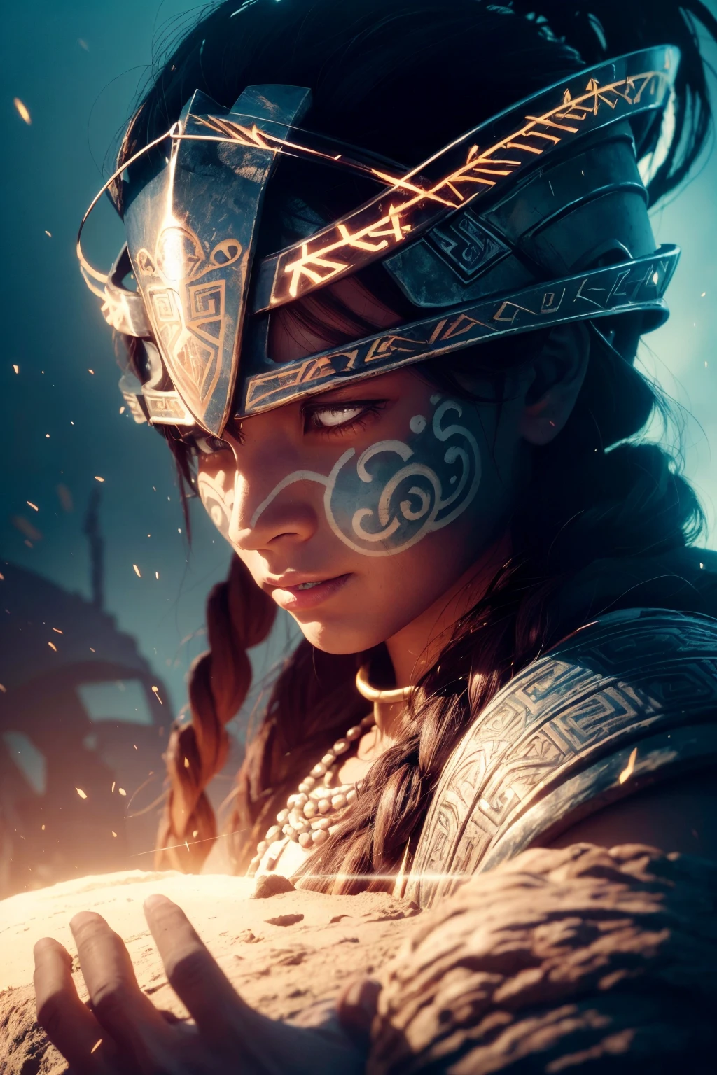 cinematic still shot of 1 mayan woman, warrior , ancient mayan armor , dark skin tone, helmet , face painting, in a stone chamber
GlowingRunesAIV2_red , GlowingRunesAIV2_paleblue
(35mmstyle:1.1), front, masterpiece, , cinematic lighting, (photorealistic:1.3), high frequency details, 35mm film, (film grain), film noise,
<lora:GlowingRunesAIV6:0.5>
