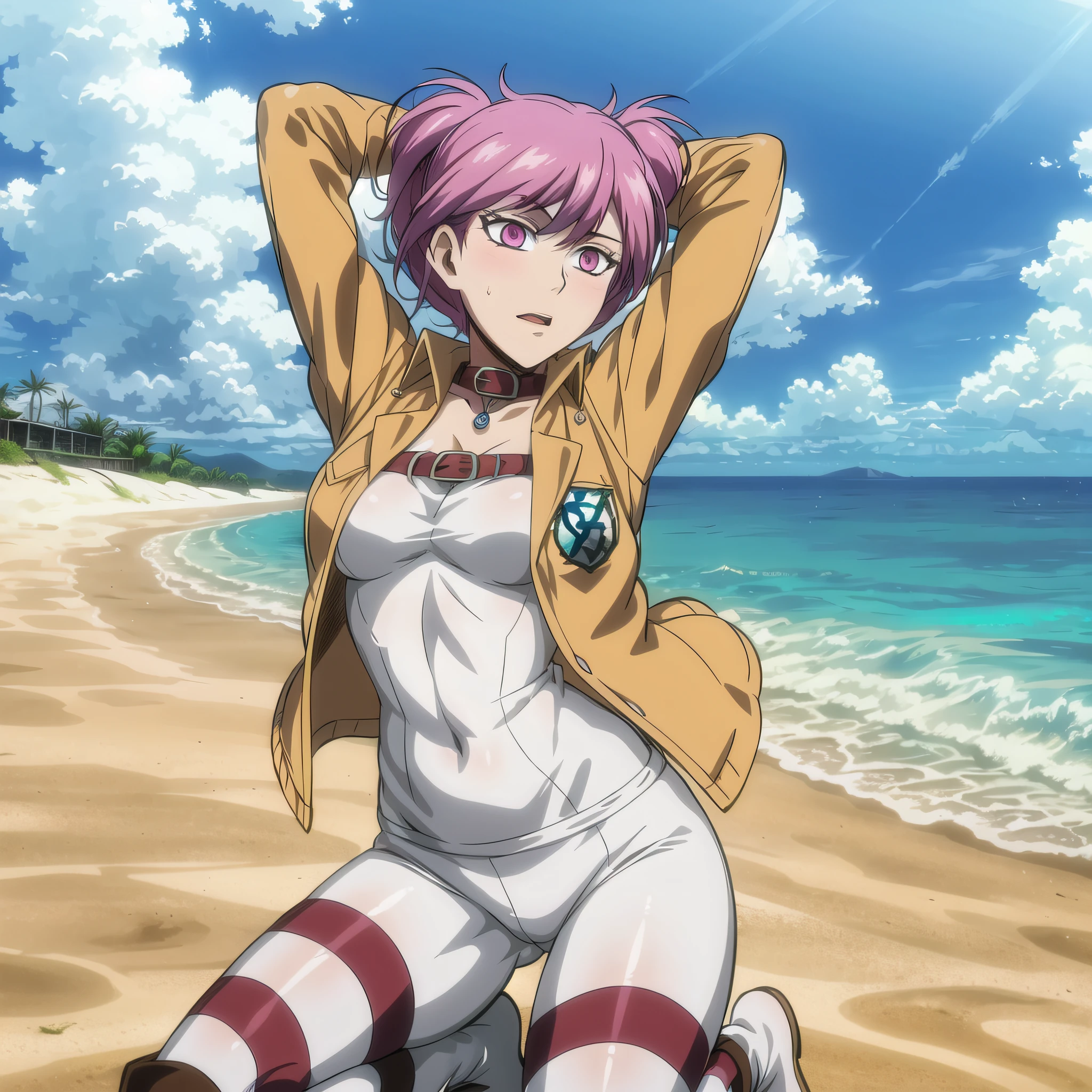 (beach next to ocean, gorgeous view)
(full body shot), sfw, masterpiece, detailed clothing texture, best quality, beautiful face, 1girl, Jinx dancing, light brown jacket, white undershirt, straps, long boots, striped leggings, (horseshoe shaped hair:1.2)
<lora:oldJinx_TT_V2:0.4>, <lora:shingekiNoKyojinAttackOn_v1:0.6>