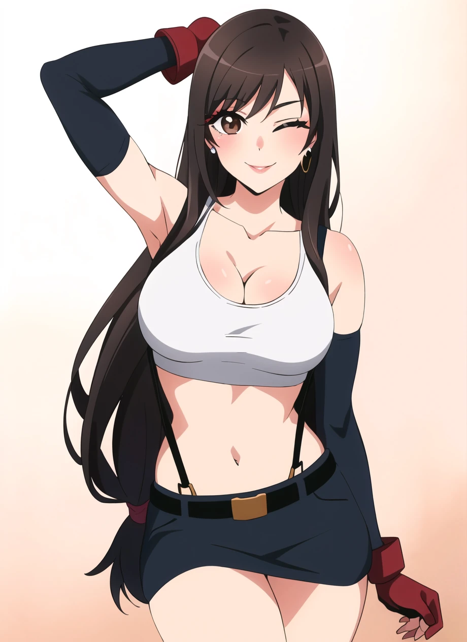 bisquedoll anime style, tifa lockhart, 1girl, thick lips, arm up, armpits, artist name, belt, black hair, breasts, brown eyes, cleavage, closed mouth, collarbone, cowboy shot, crop top, earrings, elbow gloves, elbow pads, gloves, gradient background, jewelry, large breasts, lips, long hair, low-tied long hair, midriff, navel, one eye closed, simple background, skirt, smile, solo, stomach, suspenders, tank top, upper body,  ((masterpiece))   <lora:tifa_lockhart:0.4>   <lora:bisquedoll_anime_style_offset:1>