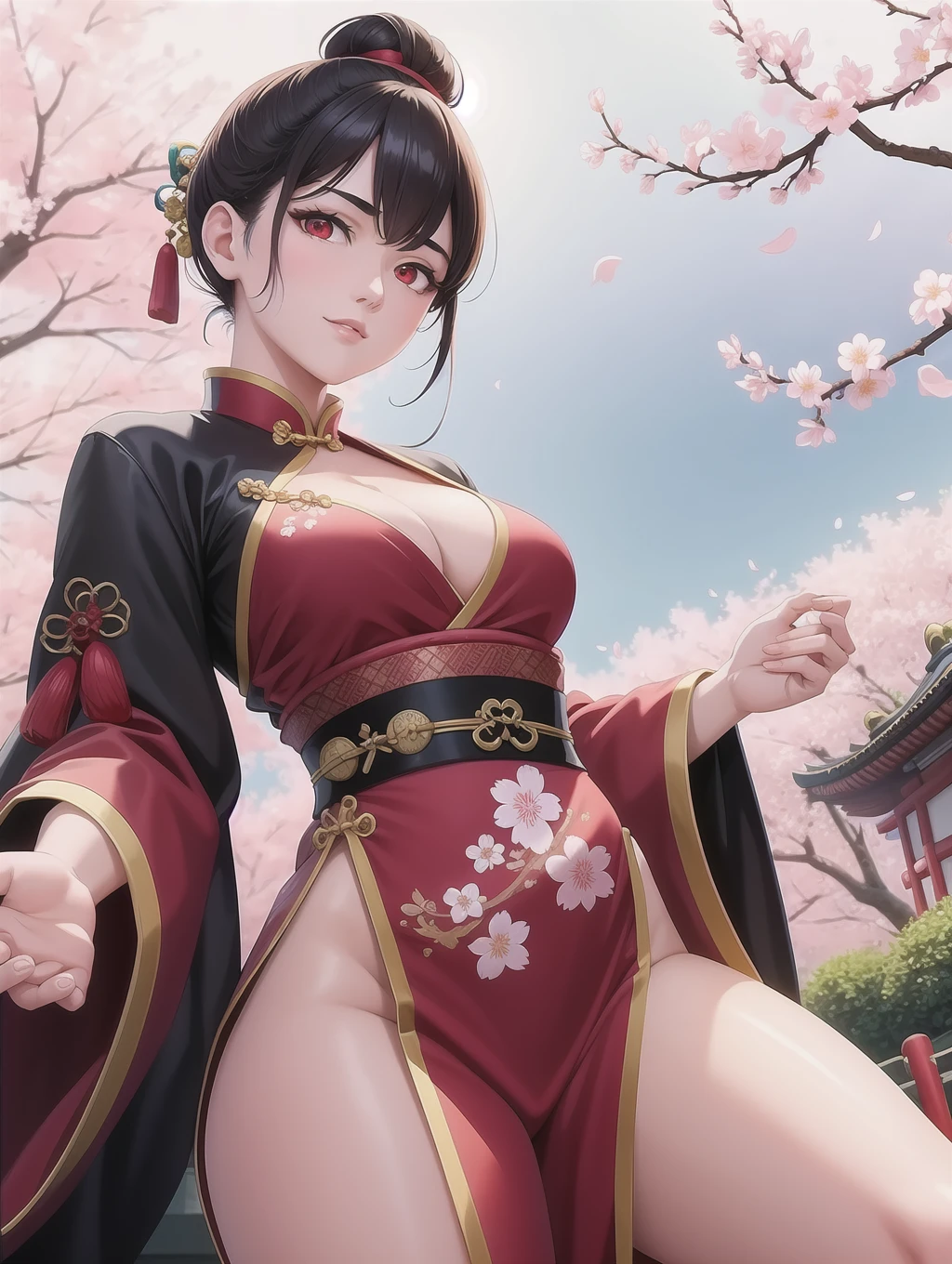 solo, masterpiece, best quality, Japanese, perfect face, (red eyes:1), fit, black hair in bun, (Chinese clothes), small breasts, [cleavage], dynamic pose, from below, (cherry blossom garden:1)