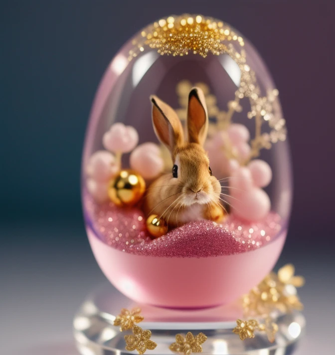 Kawaii, rabbit miniature, gold,  Miniature Core, Miniature World, realistic, pink, Opalescent, ball crystal, intimate portrait composition, Leica 50mm, f1. 4,Highly Detailed,(Low Contrast:1.3)