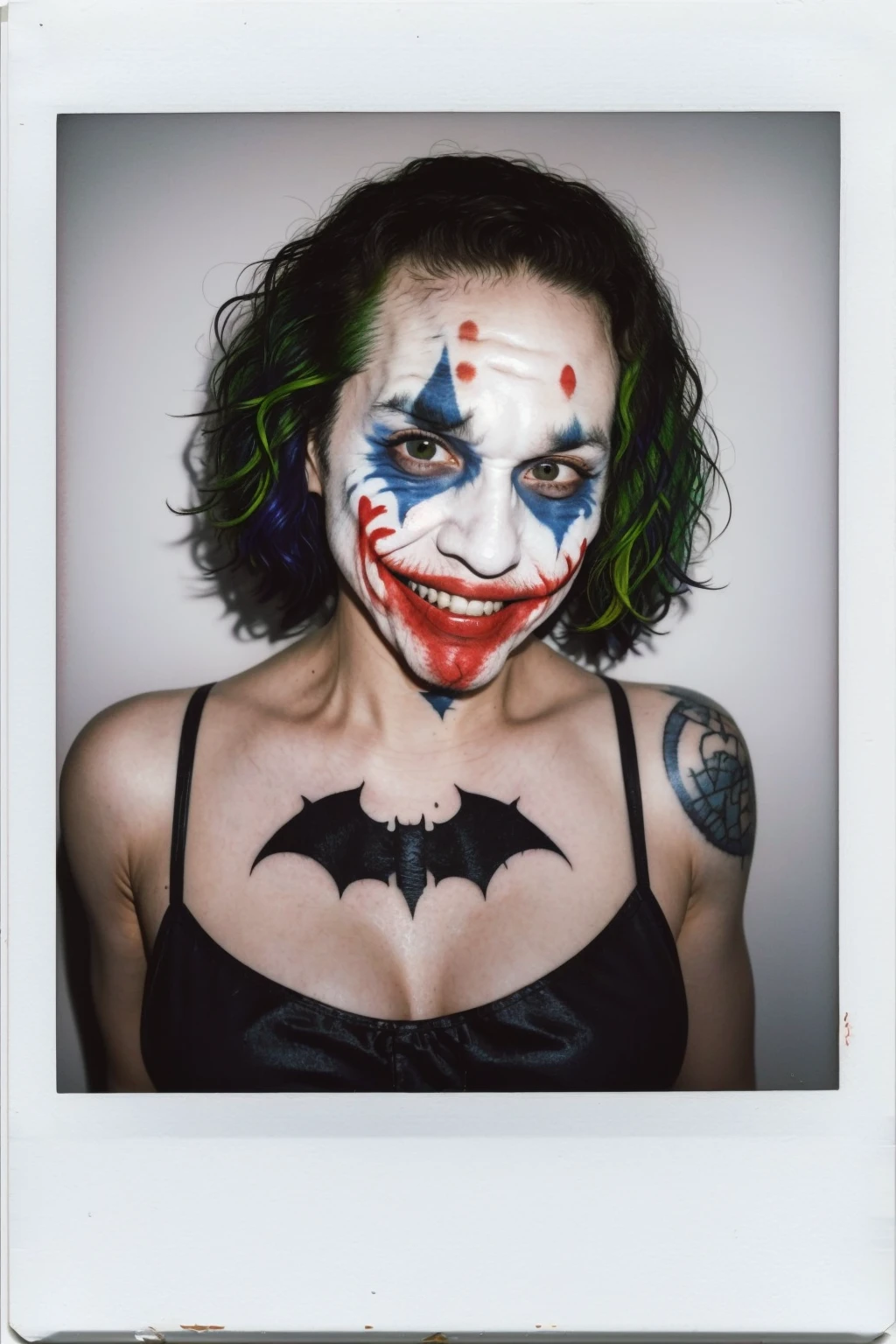 <lora:INSPHOT2:0.6>, Instantphoto, (mug shot:1.4, A Joker\(Joker 2019\)), solo, natural skin texture, scribbled curls, Camisole, looking at viewer, batman tattoo, creepy smile, realistic photo, horror, absurd, vibrant details, finely detailed, wide angle, masterpiece, best quality