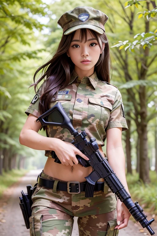 a woman, (wearing camouflage_uniform:1.3), wearing cap, (holding a rifle:1.3), 
good hand,4k, high-res, masterpiece, best quality, head:1.3,((Hasselblad photography)), finely detailed skin, sharp focus, (cinematic lighting), soft lighting, dynamic angle, [:(detailed face:1.2):0.2], medium breasts,(((inside a forest))),  <lora:camouflage_uniform04:0.5>, <lora:betterCuteAsian03:0.3>